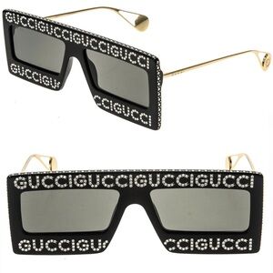 Gucci GG0431S oversized rectangular acetate mask sunglasses black w/ Swarovski